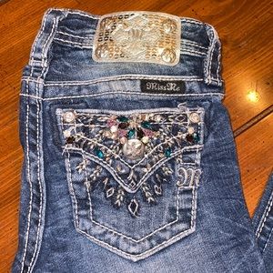 Miss Me jeans, girls sz 10 w/purple,teal,clear rhinestone accent pockets